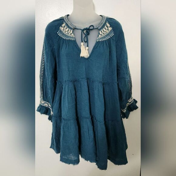 Free People V-neck oversized fit embroidered teal tunic top size small - Picture 8 of 15